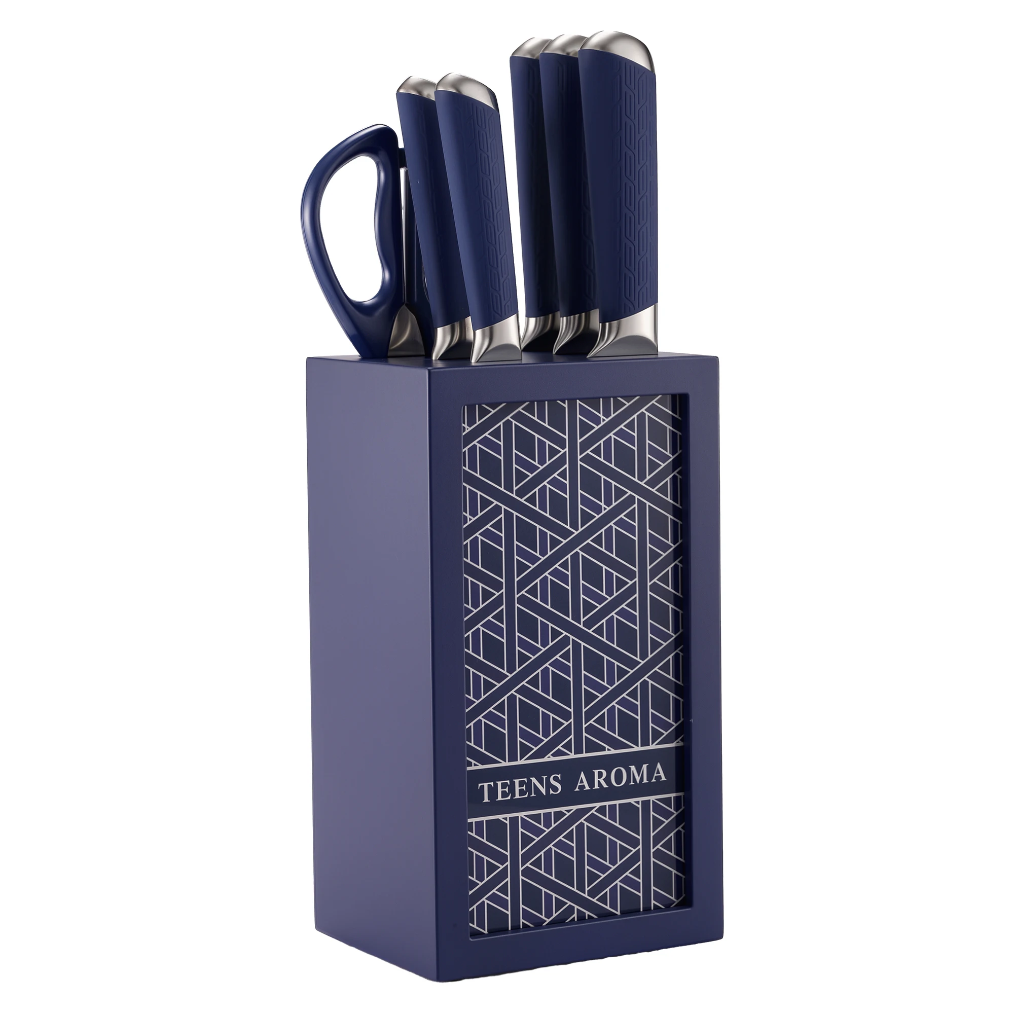 7-Piece Blue Stainless Steel Kitchen Knife Set with Acrylic Block & Rubberized Handles