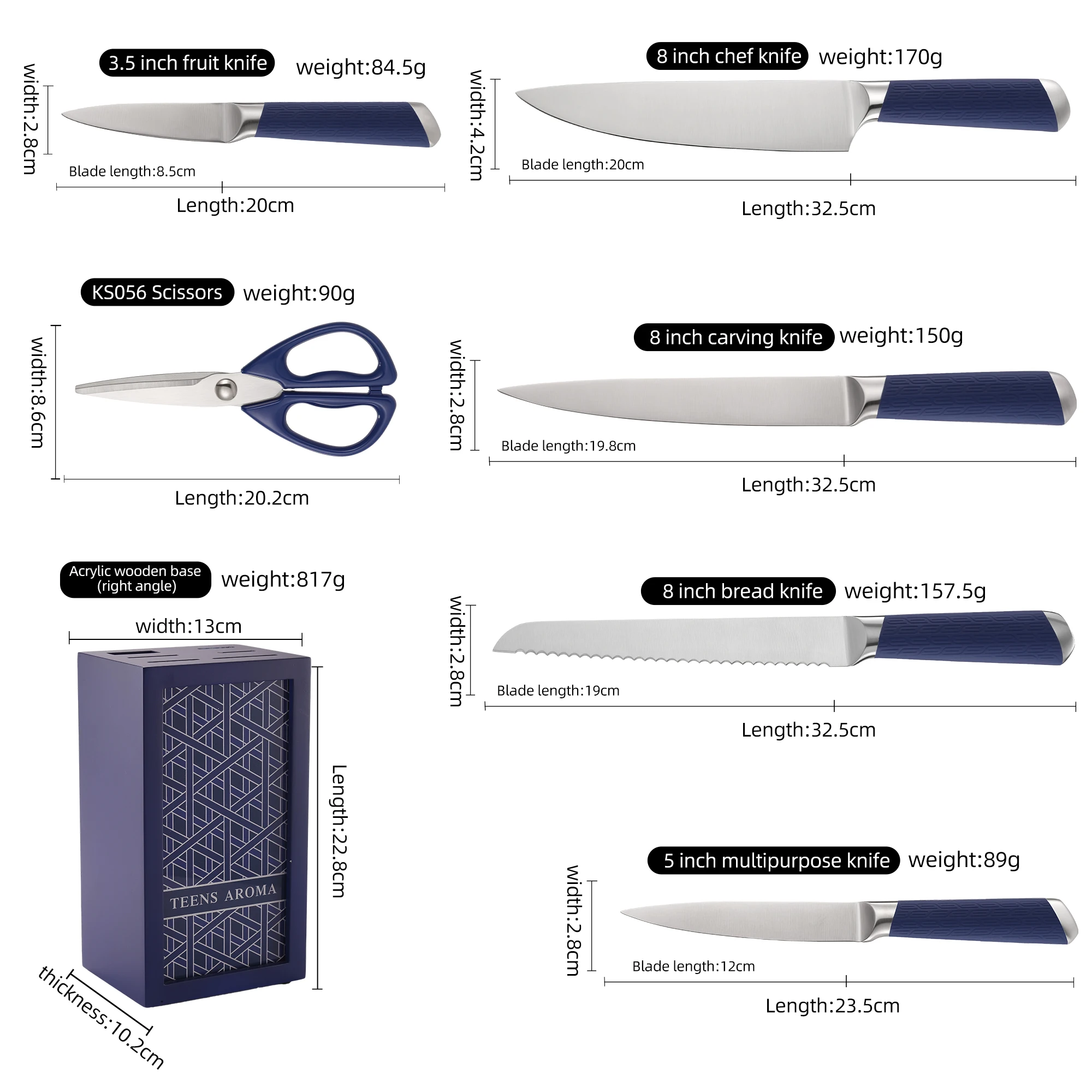 7-Piece Blue Stainless Steel Kitchen Knife Set with Acrylic Block & Rubberized Handles