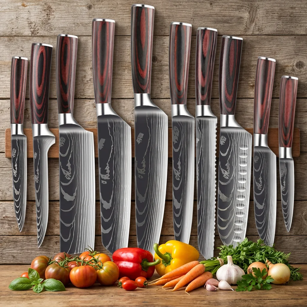 10-Piece Damascus Pattern Knife Set with Colorful Wood Handles