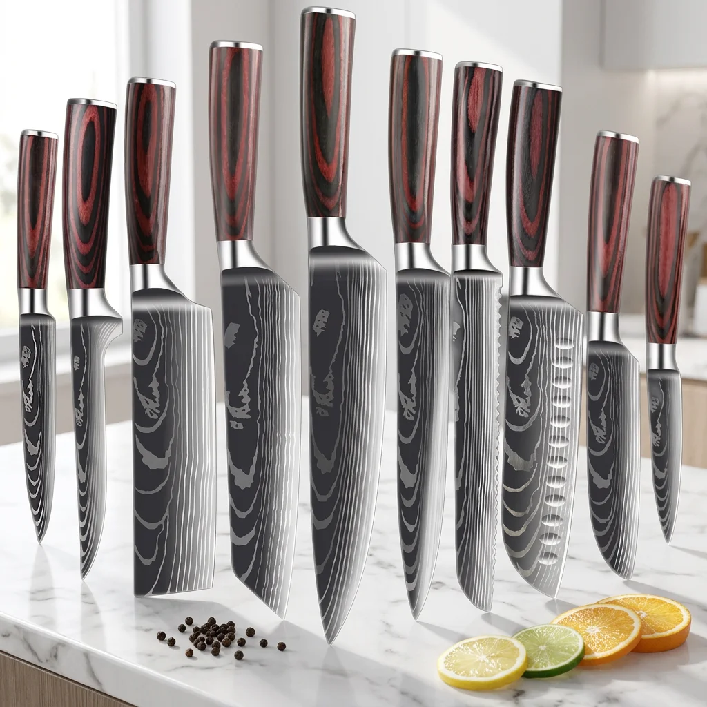 10-Piece Damascus Pattern Knife Set with Colorful Wood Handles