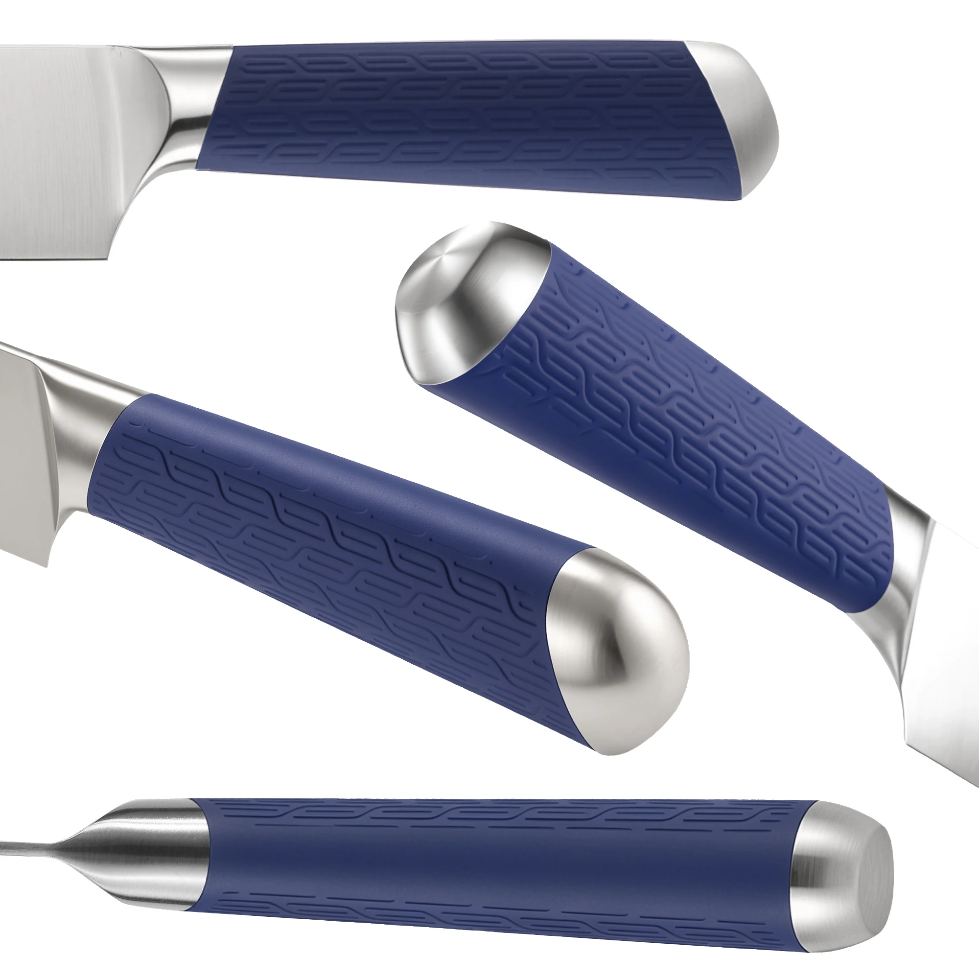 7-Piece Blue Stainless Steel Kitchen Knife Set with Acrylic Block & Rubberized Handles