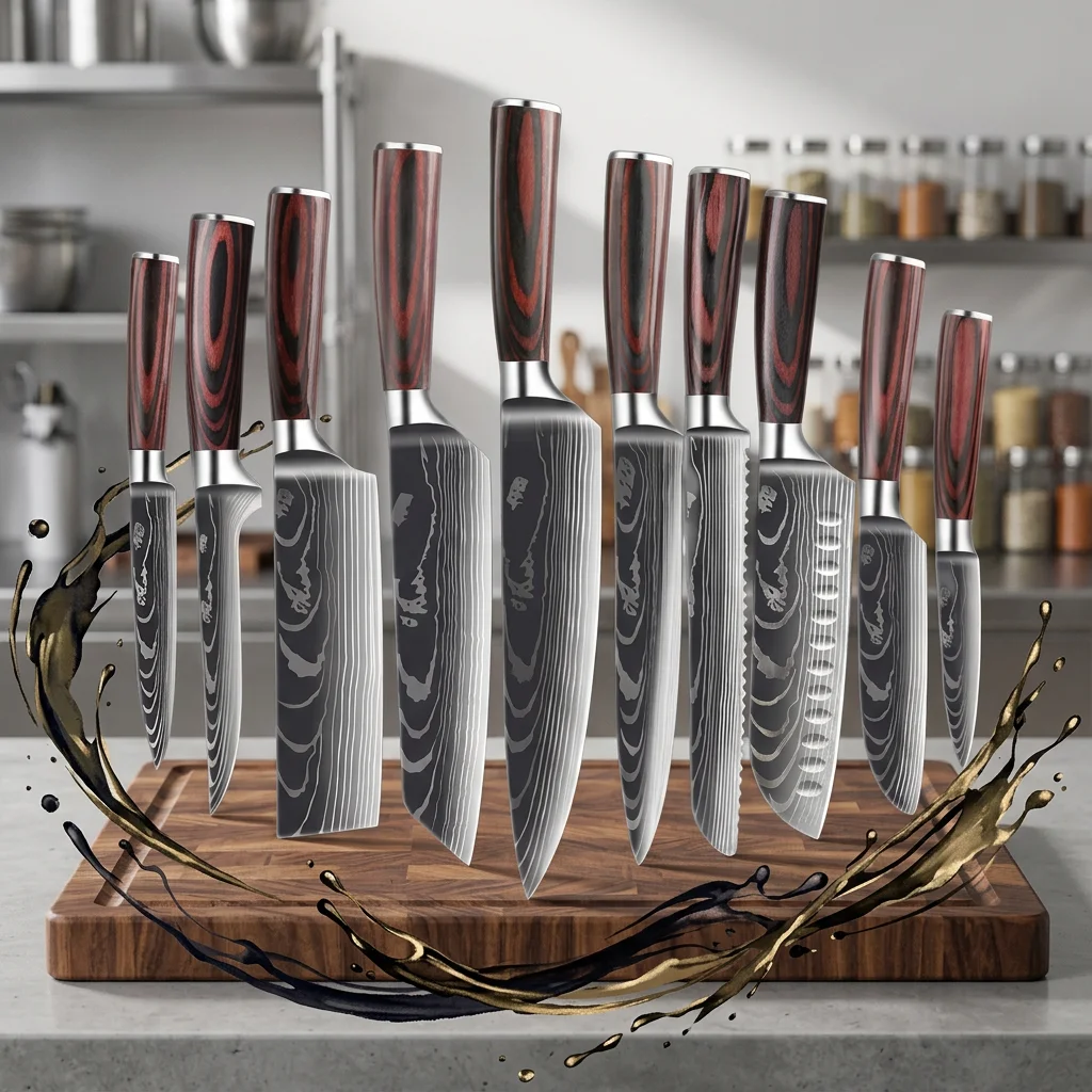 10-Piece Damascus Pattern Knife Set with Colorful Wood Handles