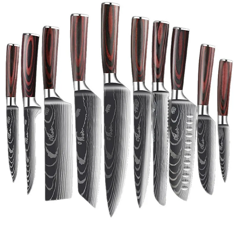 10-Piece Damascus Pattern Knife Set with Colorful Wood Handles