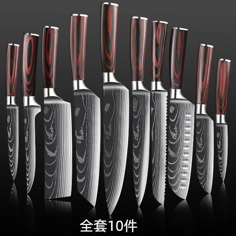 10-Piece Damascus Pattern Knife Set with Colorful Wood Handles