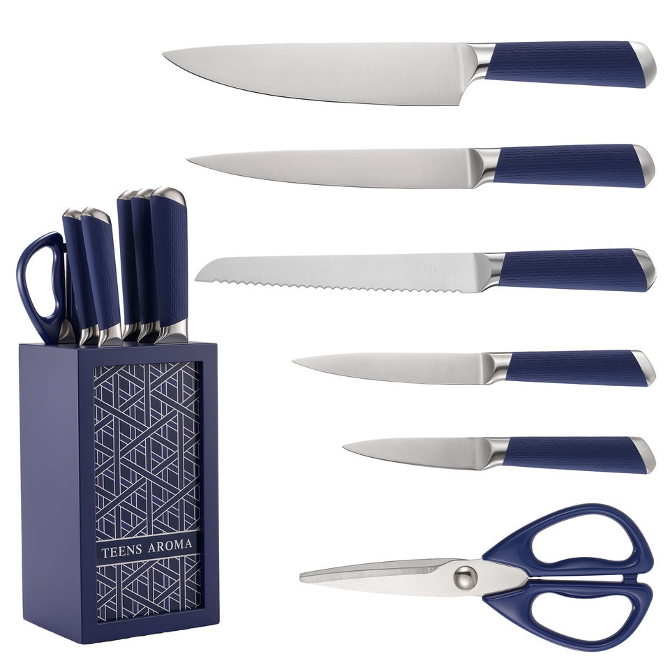 7-Piece Blue Stainless Steel Kitchen Knife Set with Acrylic Block & Rubberized Handles