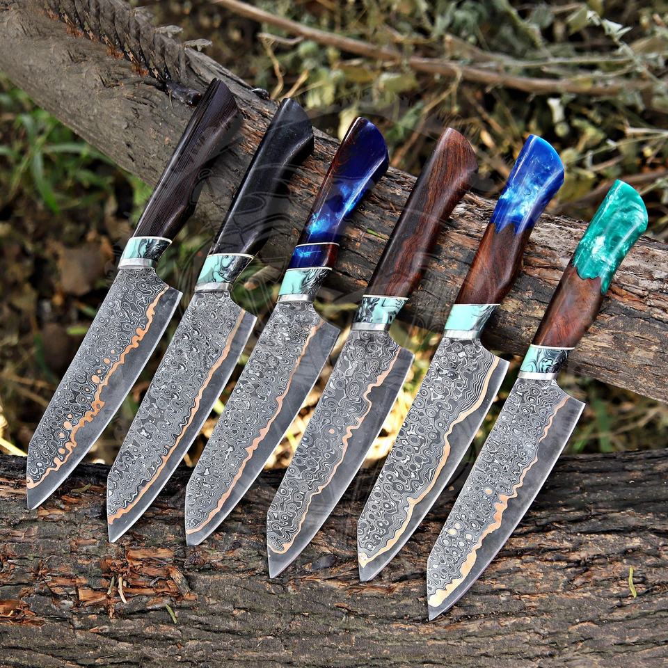 Luxury Damascus Chef Knife with Turquoise & Copper Handle | VG-10 Core