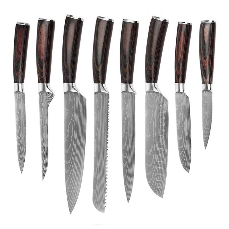 High Carbon Damascus Steel Kitchen Knife Set with Ergonomic Pakka Wood Handle