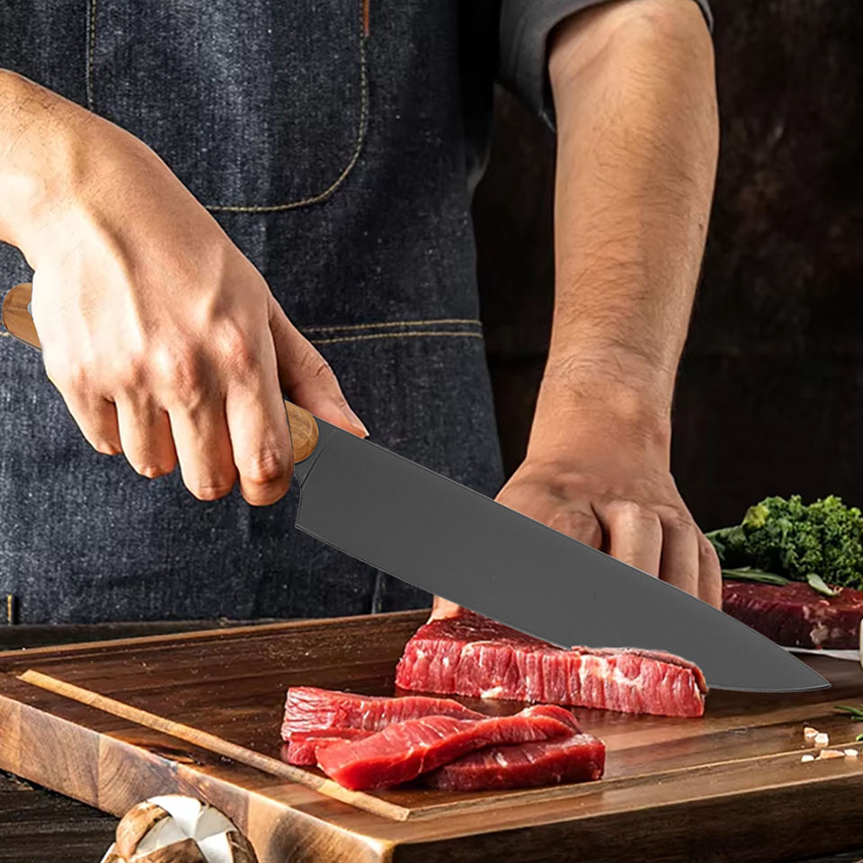 Garwin 8-Piece Titanium-Coated Knife Set with Olive Wood Handles & Zebra Wood Holder