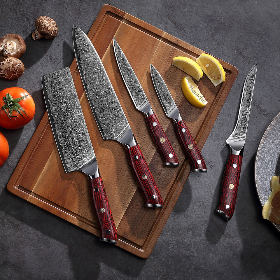 5-Piece Damascus Knife Set | 67-Layer VG-10 Core & Red G10 Handle