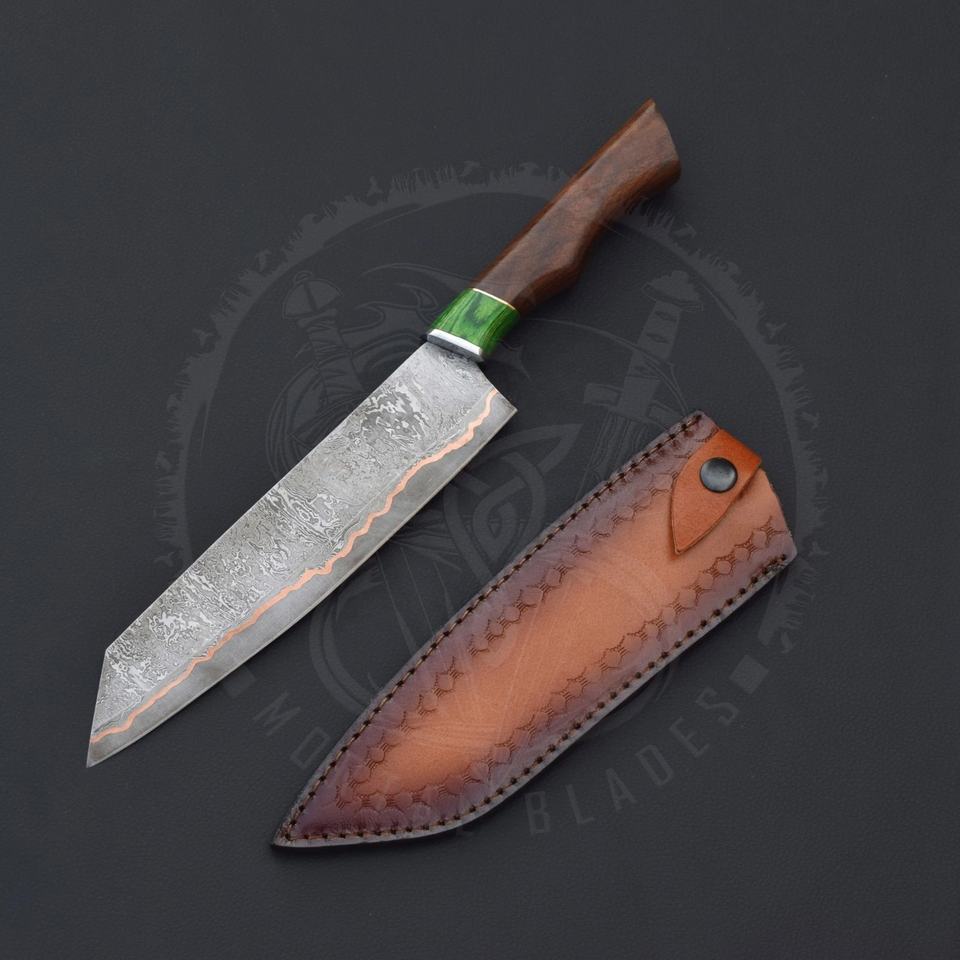Luxury Damascus Chef Knife with Turquoise & Copper Handle | VG-10 Core