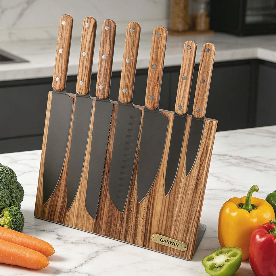 Garwin 8-Piece Titanium-Coated Knife Set with Olive Wood Handles & Zebra Wood Holder