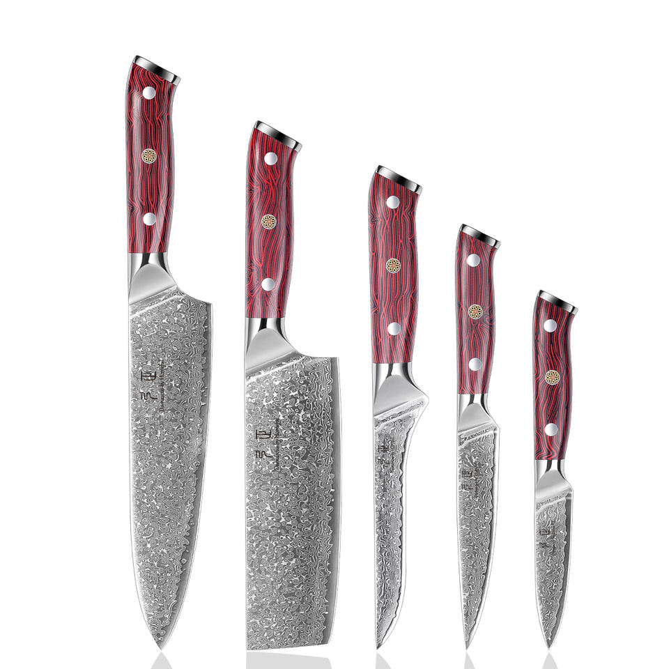 5-Piece Damascus Knife Set | 67-Layer VG-10 Core & Red G10 Handle
