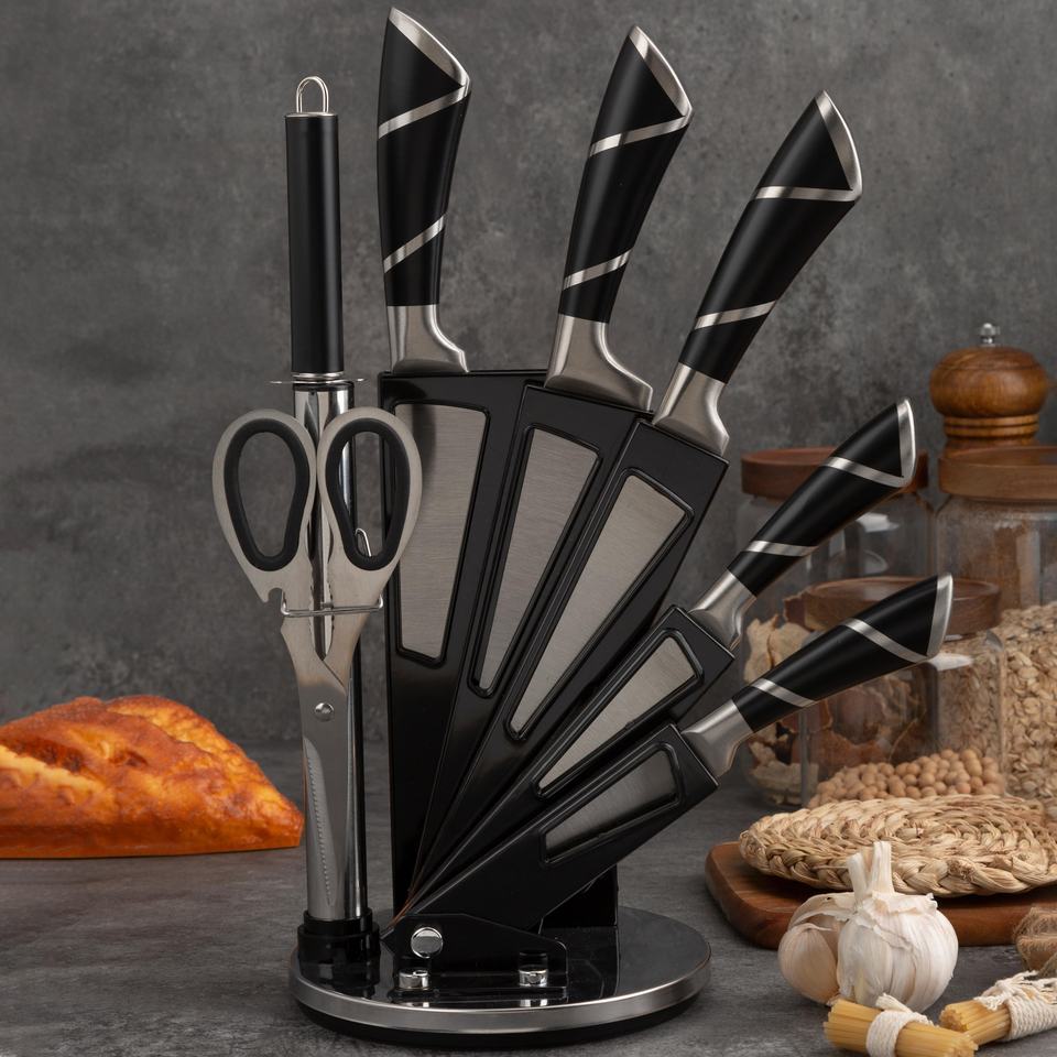 8-Piece German Stainless Steel Knife Set with Acrylic Stand - Colorful Modern Vintage Design