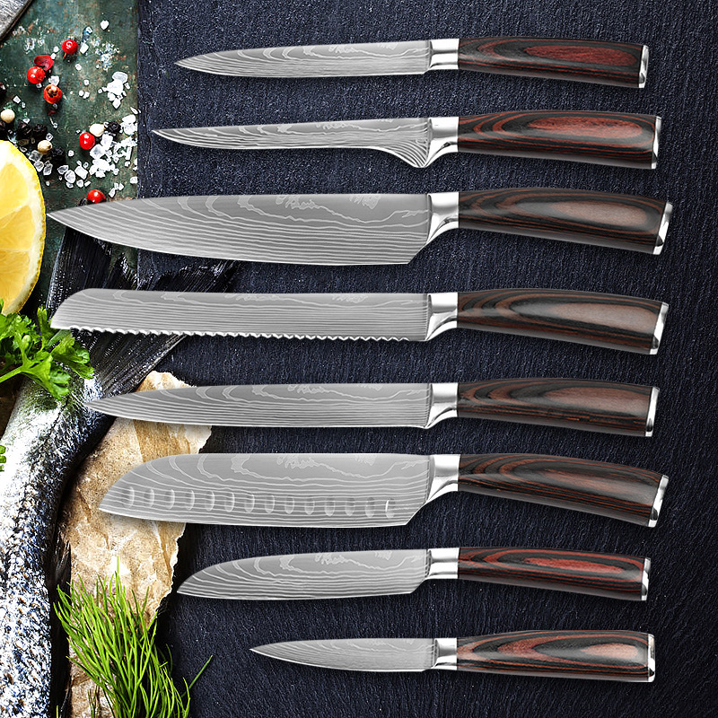 High Carbon Damascus Steel Kitchen Knife Set with Ergonomic Pakka Wood Handle