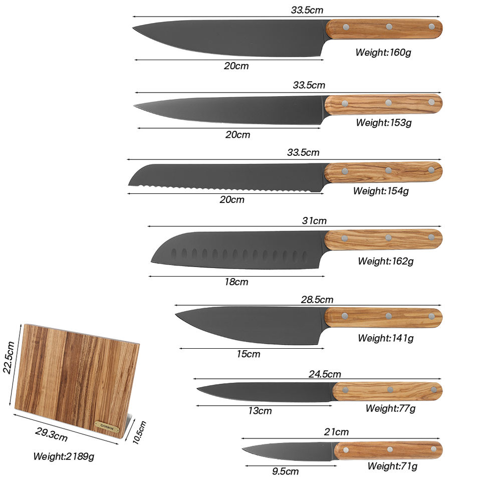 Garwin 8-Piece Titanium-Coated Knife Set with Olive Wood Handles & Zebra Wood Holder