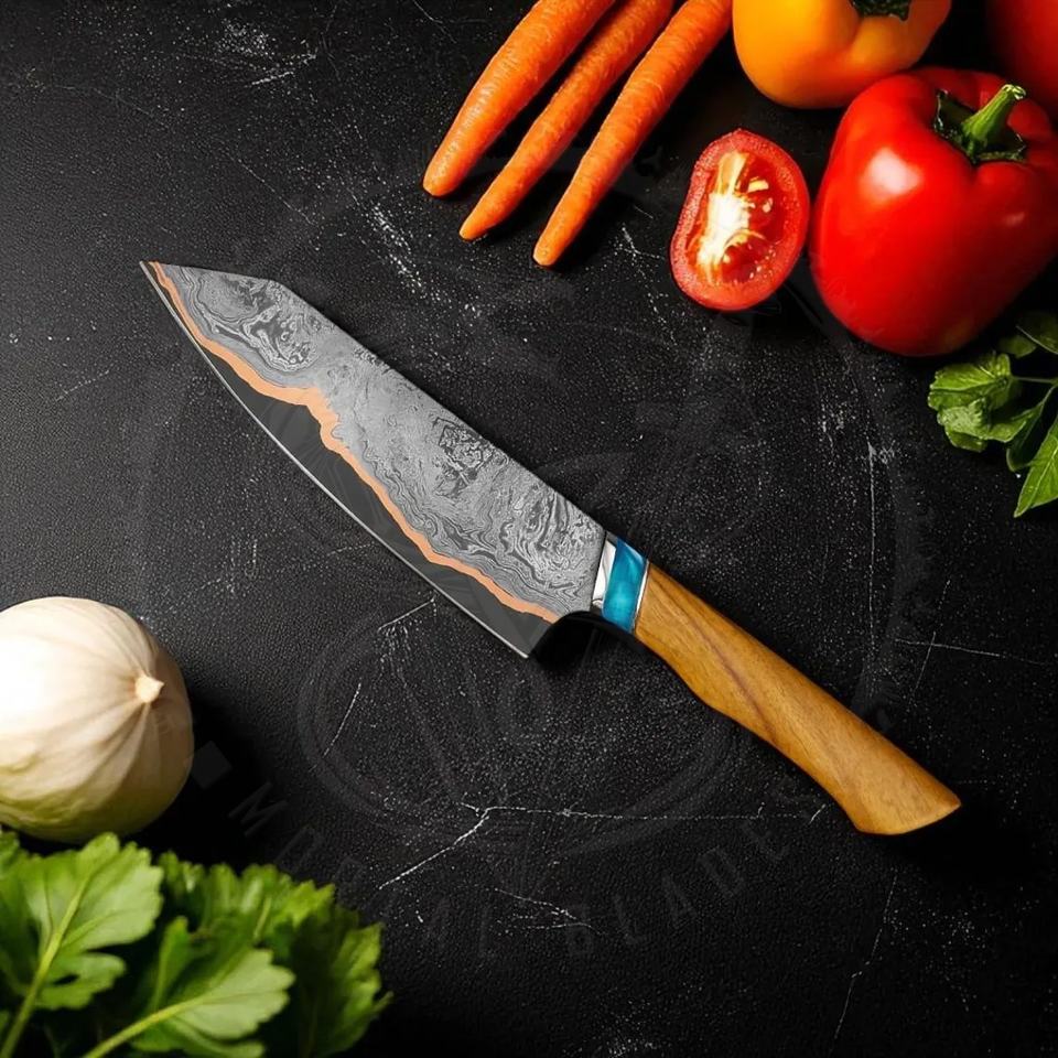 Luxury Damascus Chef Knife with Turquoise & Copper Handle | VG-10 Core