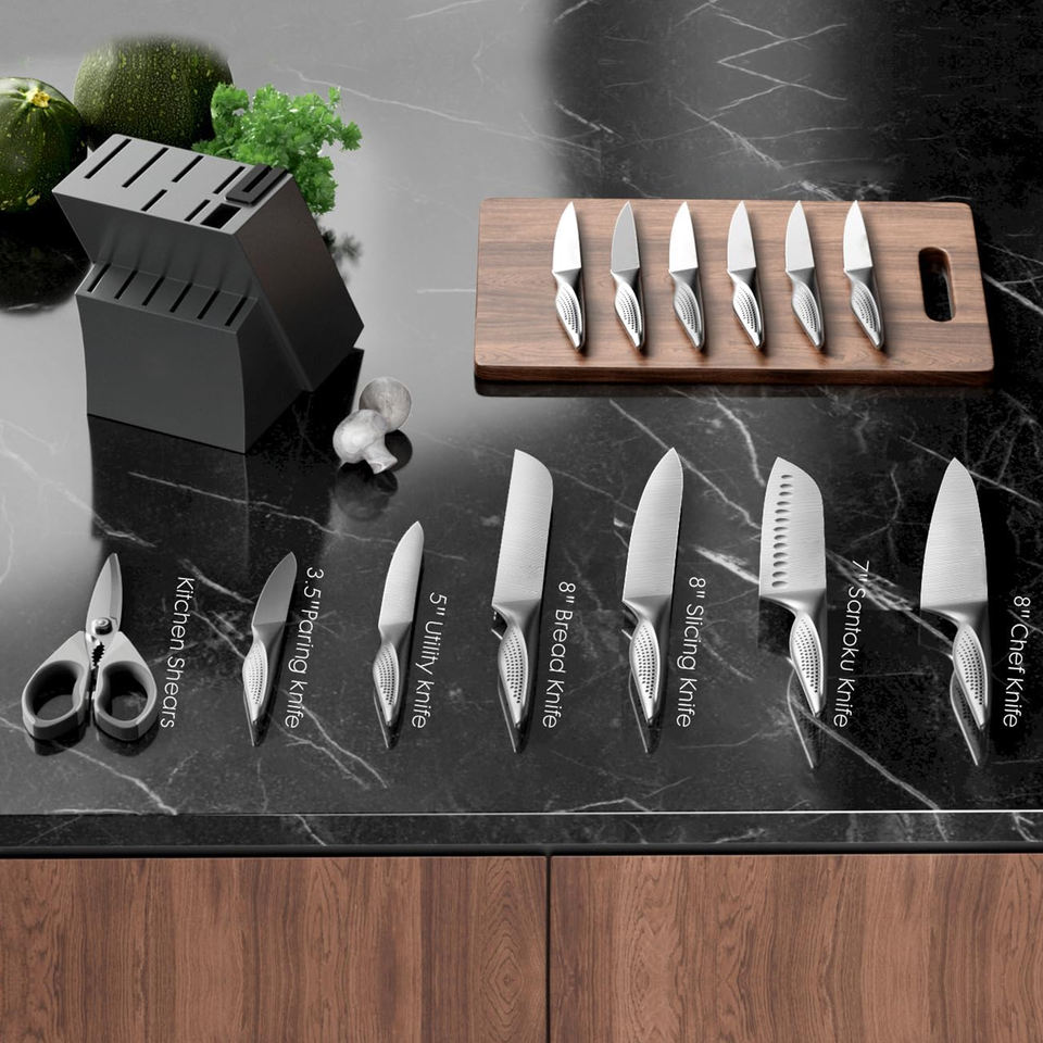11-Piece Damascus Knife Set with Hollow Handle & Knife Block