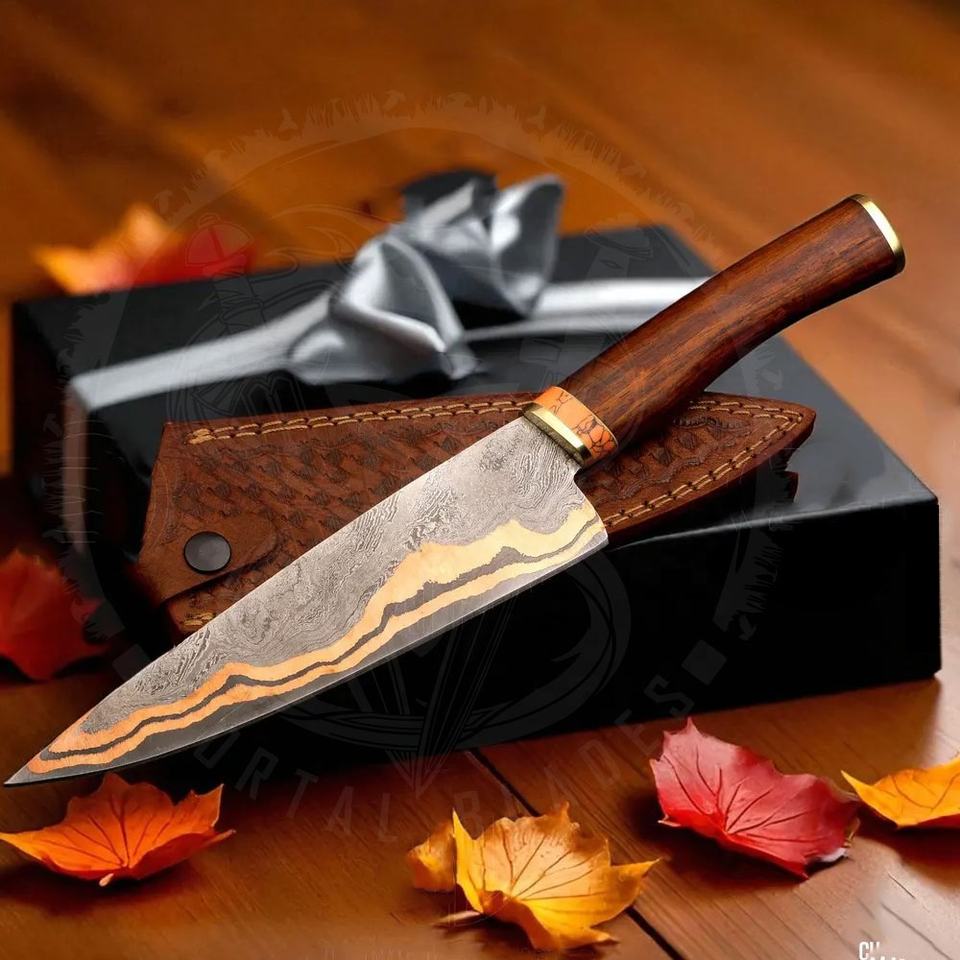 Luxury Damascus Chef Knife with Turquoise & Copper Handle | VG-10 Core