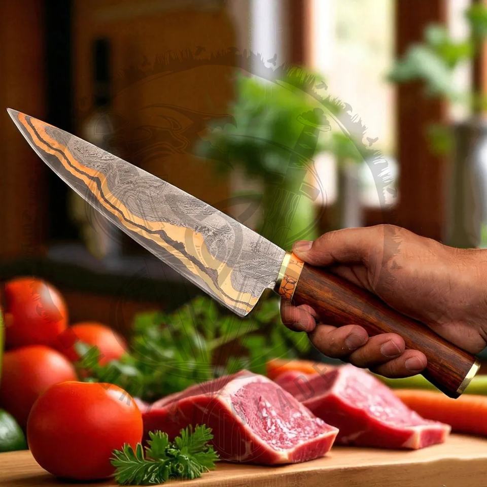 Luxury Damascus Chef Knife with Turquoise & Copper Handle | VG-10 Core