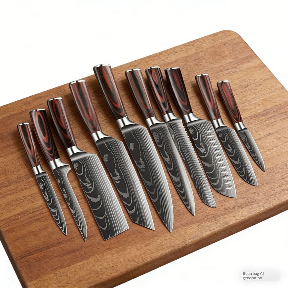 10-Piece Damascus Pattern Stainless Steel Chef Knife Set with Colorful Wooden Handles