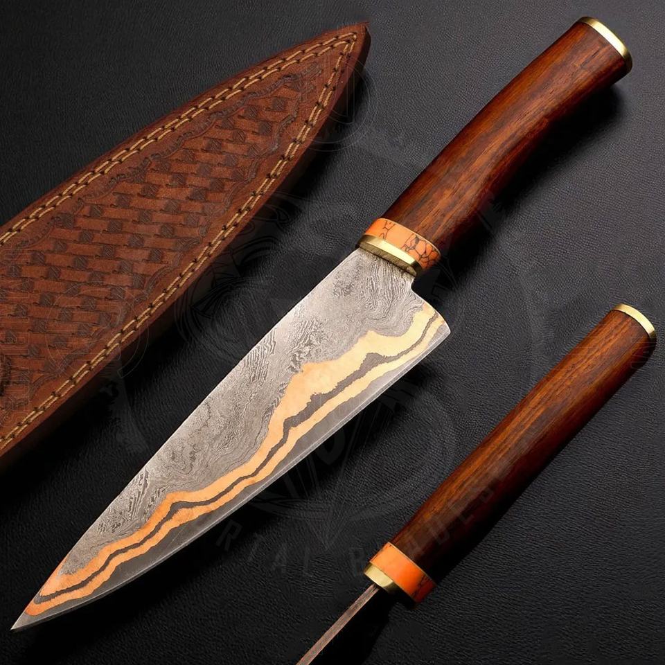 Luxury Damascus Chef Knife with Turquoise & Copper Handle | VG-10 Core