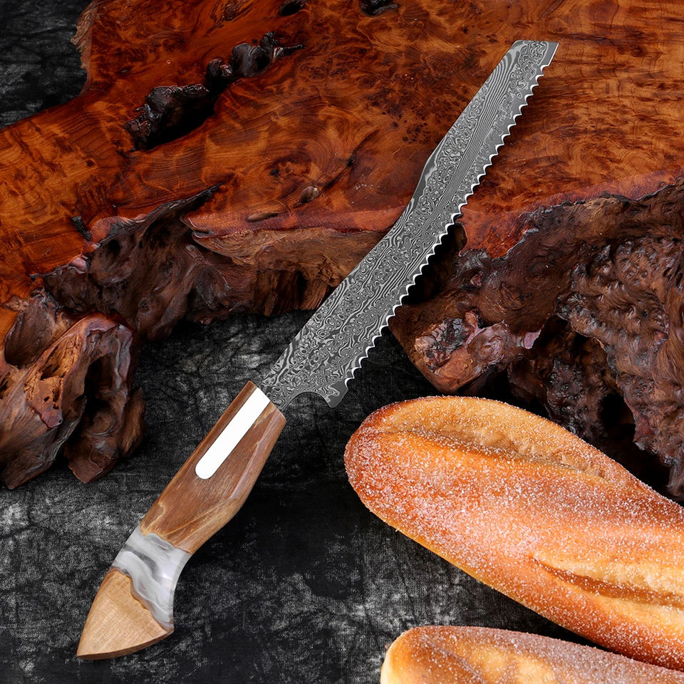 67-Layer Damascus Steel 8-Inch Serrated Bread Knife | Resin & Wood Handle