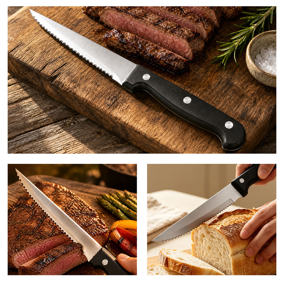 CUISYERA Stainless Steel Serrated Steak Knife with Ergonomic Handle for Restaurant Dining