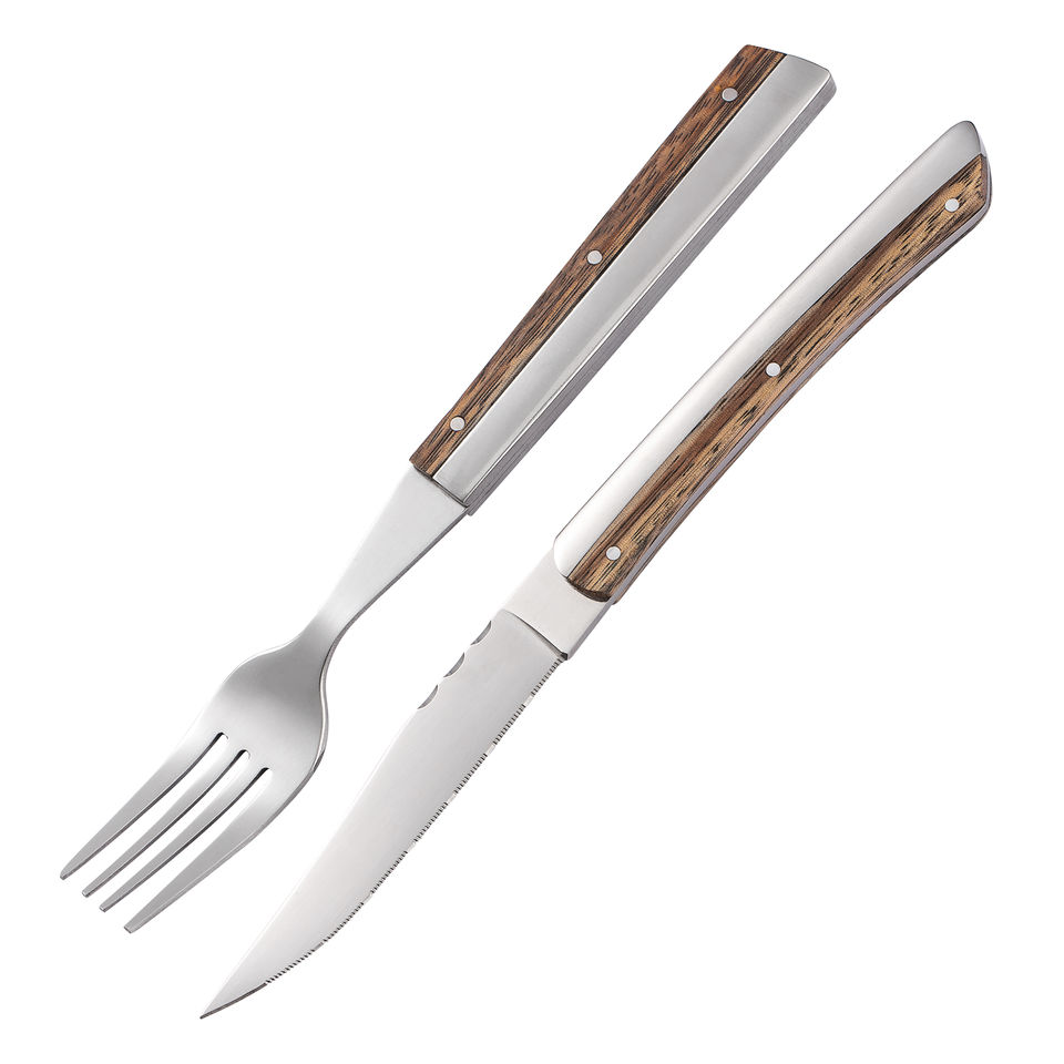 Professional Stainless Steel Steak Knife and Fork Set with Wooden Handle