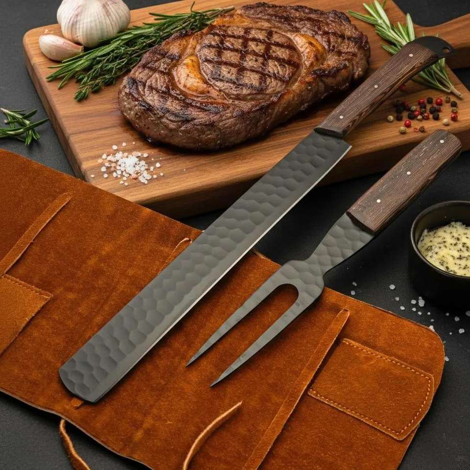 Handmade Powder Coated Steak Carving Knife & Fork Set | Wood Handle | OEM