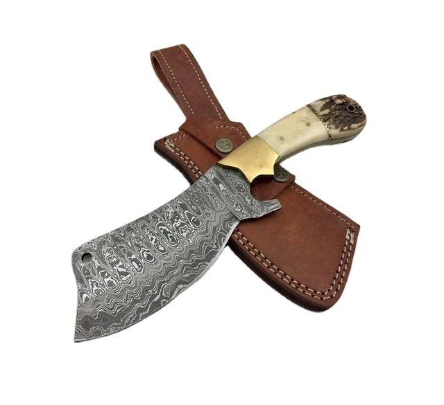 Damascus Steel Kitchen Cleaver Knife Set with Deer Antler & Camel Bone Handle