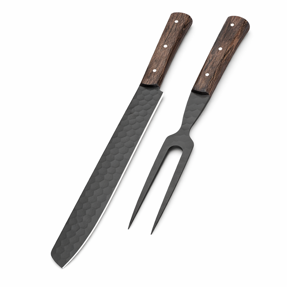 Handmade Powder Coated Steak Carving Knife & Fork Set | Wood Handle | OEM