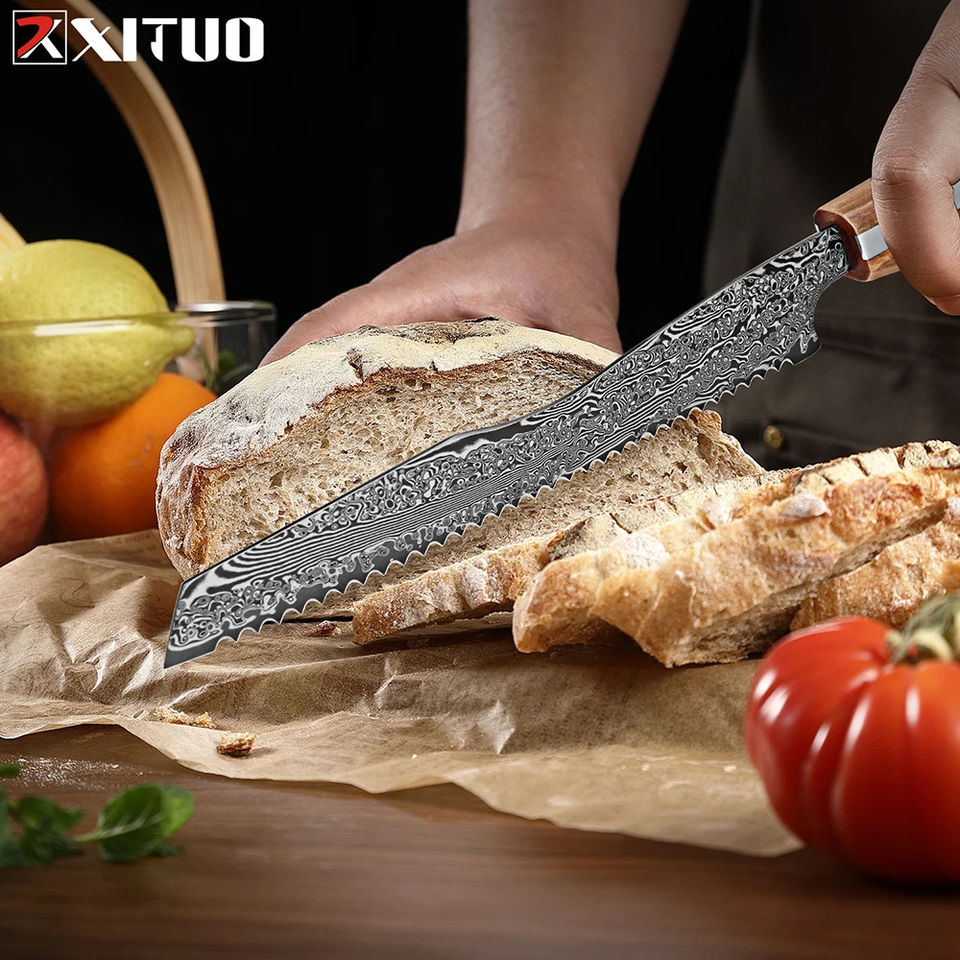 67-Layer Damascus Steel 8-Inch Serrated Bread Knife | Resin & Wood Handle