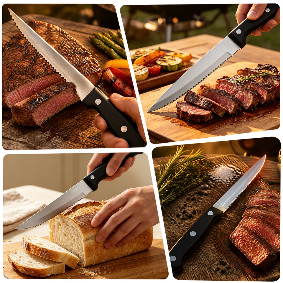 CUISYERA Stainless Steel Serrated Steak Knife with Ergonomic Handle for Restaurant Dining