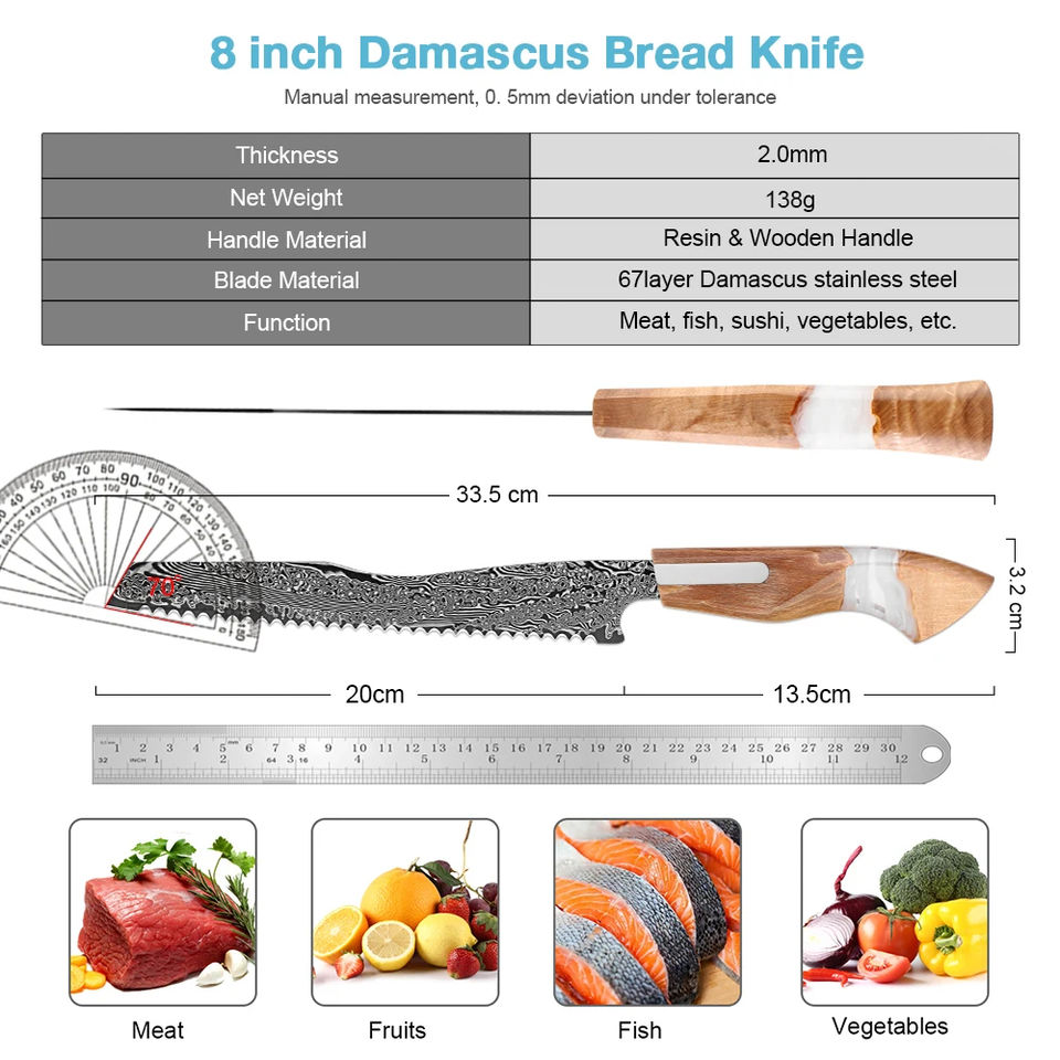 67-Layer Damascus Steel 8-Inch Serrated Bread Knife | Resin & Wood Handle