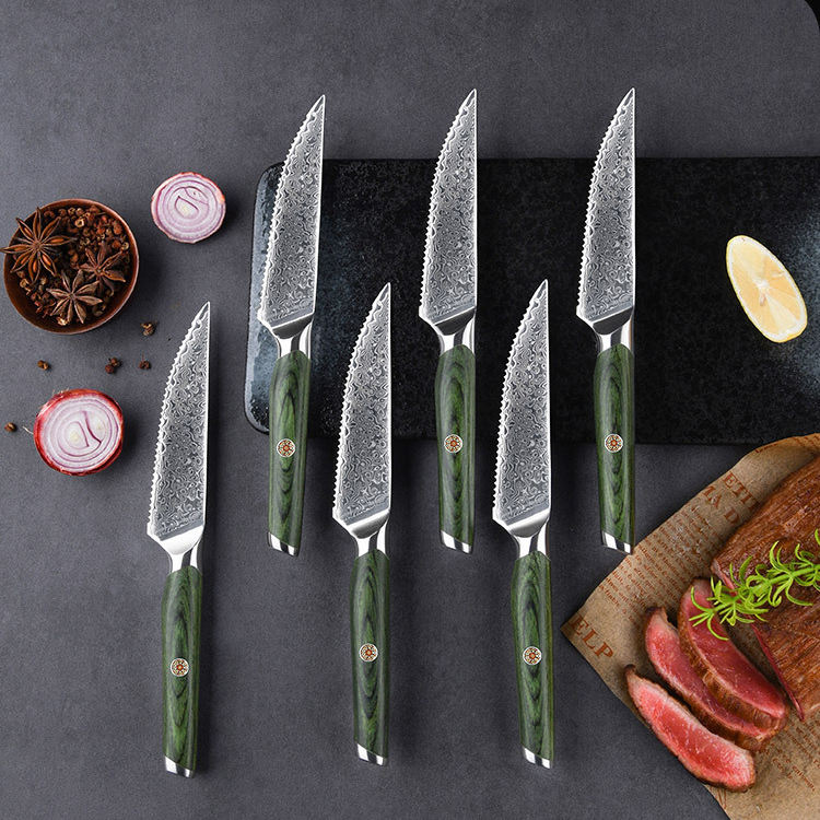 RT02R VG10 Damascus Steel Steak Knife Set – 6 Pcs Green Pakka Wood Handle
