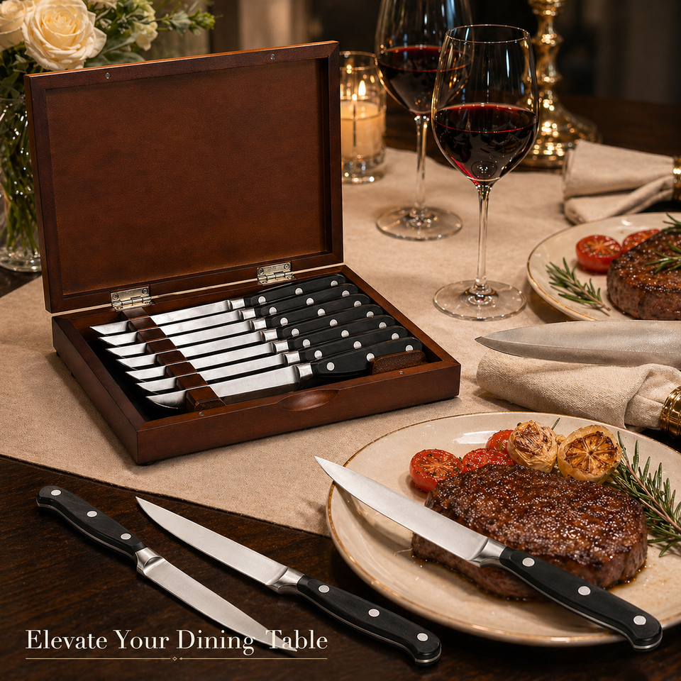 TOALLWIN 8-Piece Steak Knife Set – 3Cr13 Stainless Steel Serrated Blade, ABS Handle with Steel Bolster – Commercial Grade for Restaurants & Hotels