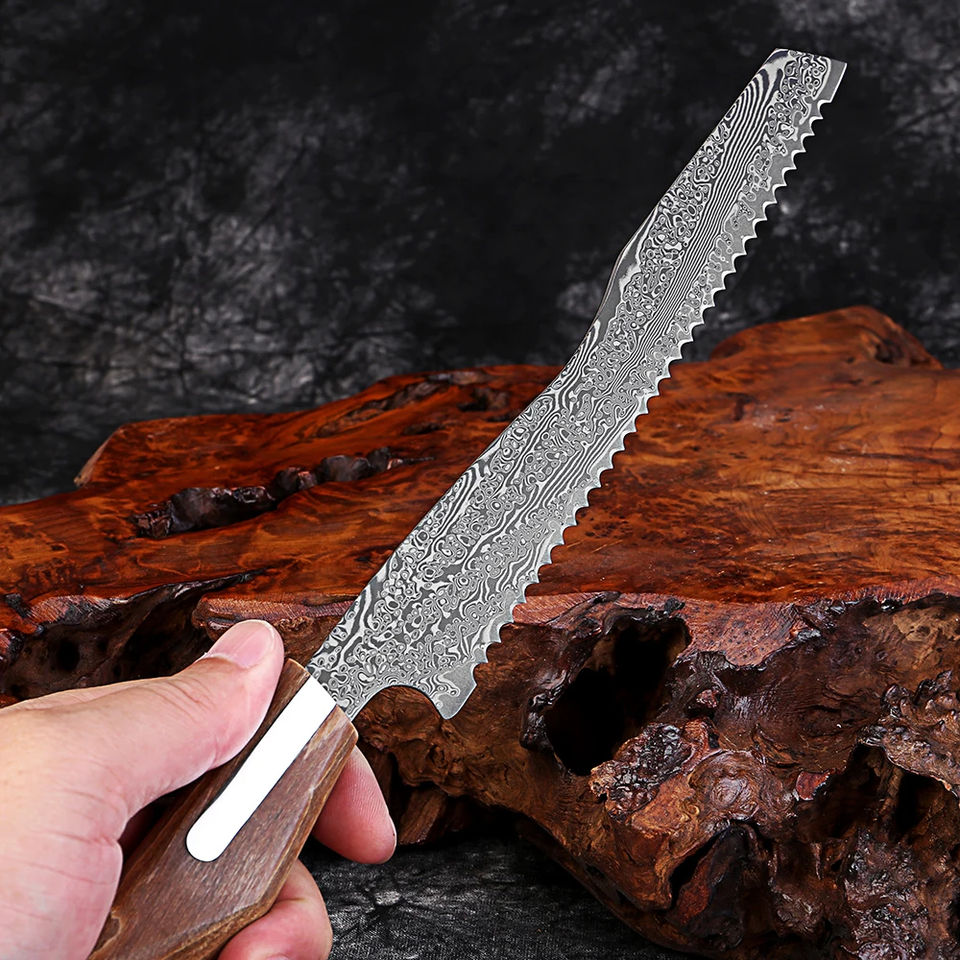 67-Layer Damascus Steel 8-Inch Serrated Bread Knife | Resin & Wood Handle