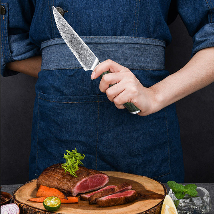 RT02R VG10 Damascus Steel Steak Knife Set – 6 Pcs Green Pakka Wood Handle