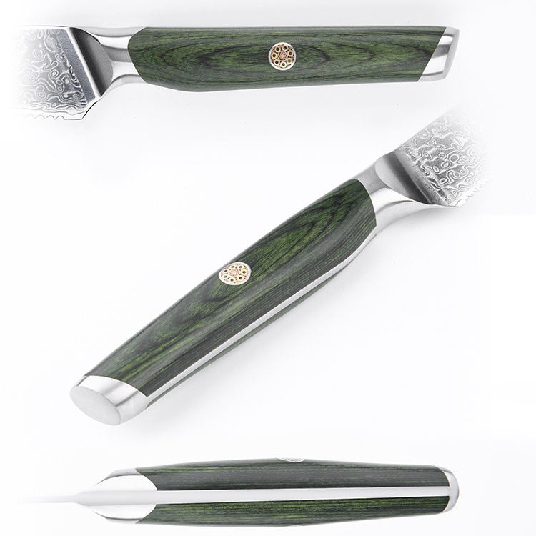 RT02R VG10 Damascus Steel Steak Knife Set – 6 Pcs Green Pakka Wood Handle