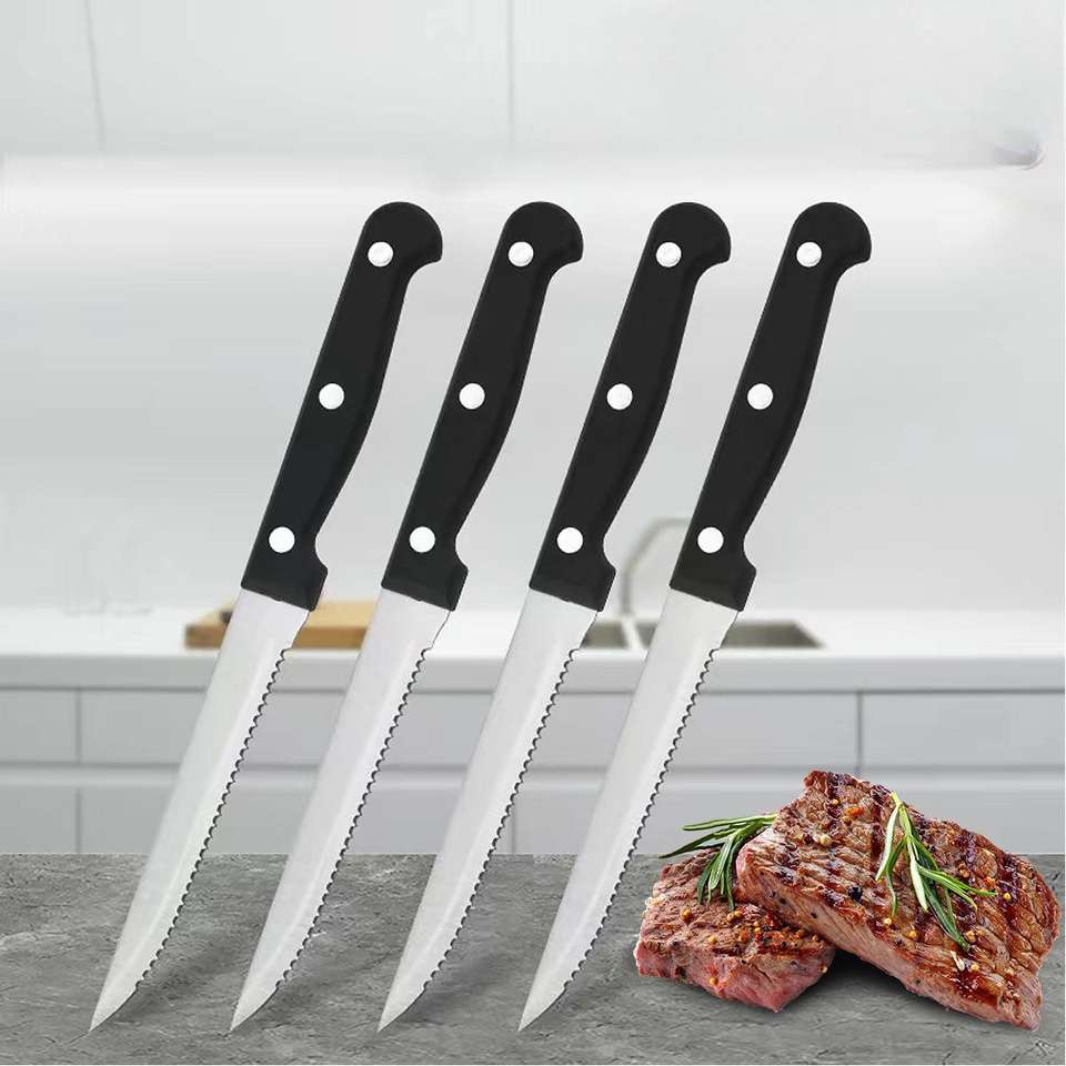 Serrated Steak Knife Set with Non-Stick Coating & Plastic Handle for Restaurants & Hotels