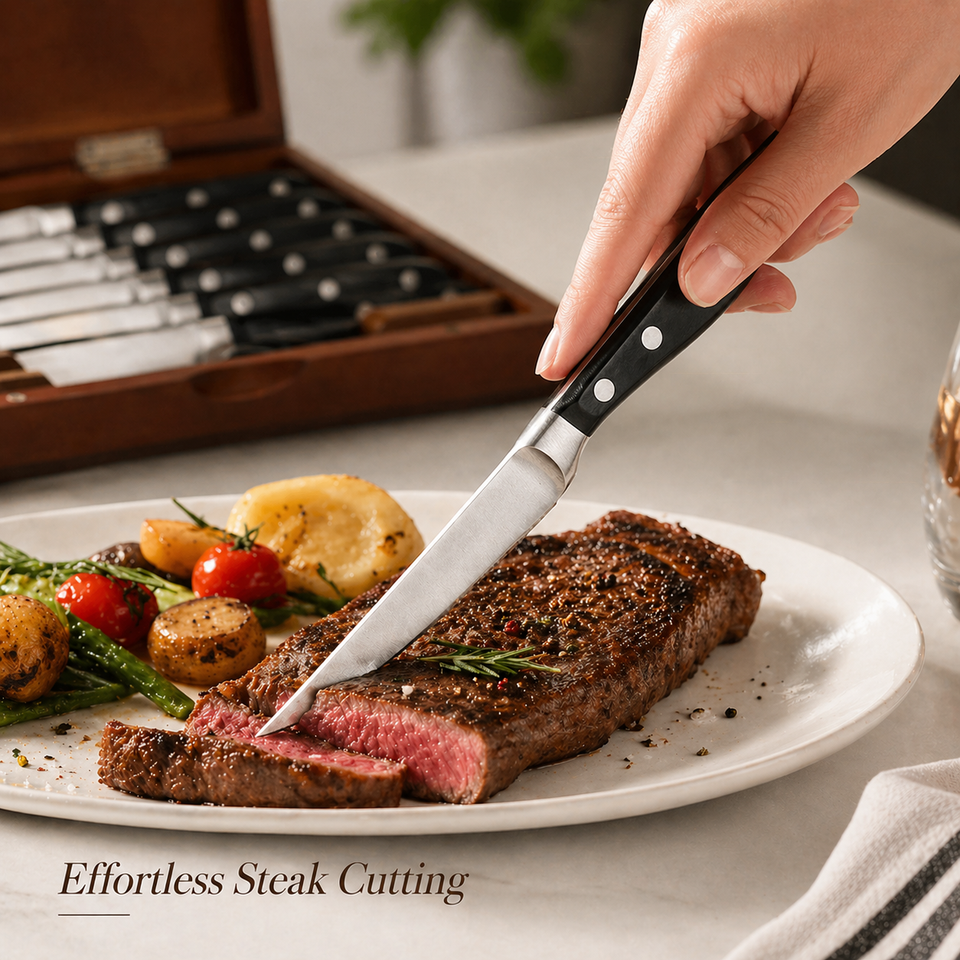 TOALLWIN 8-Piece Steak Knife Set – 3Cr13 Stainless Steel Serrated Blade, ABS Handle with Steel Bolster – Commercial Grade for Restaurants & Hotels