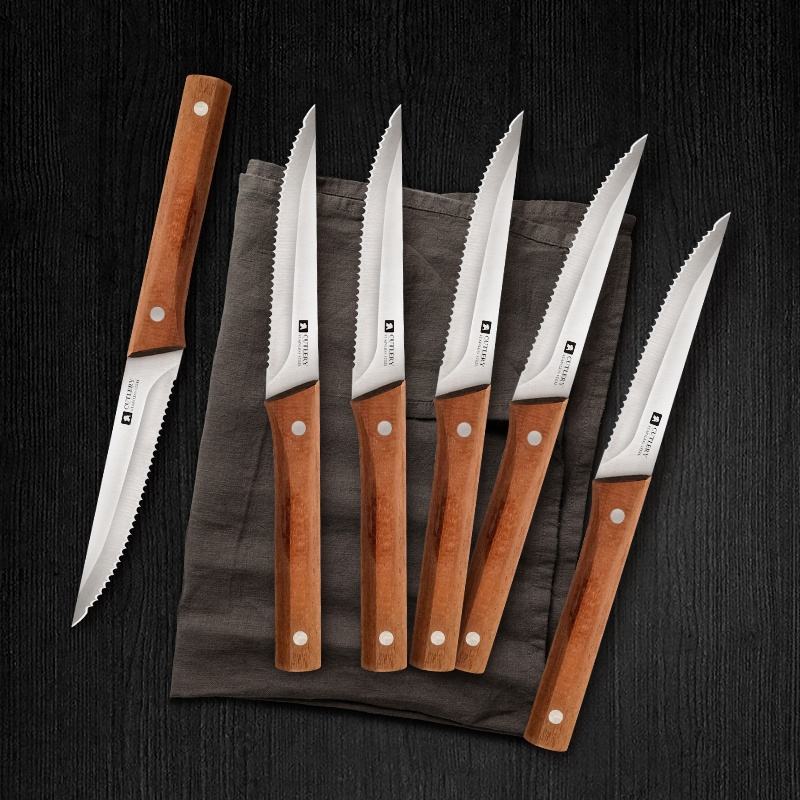 6-Piece Stainless Steel Serrated Steak Knife Set with Pakka Wood Handle