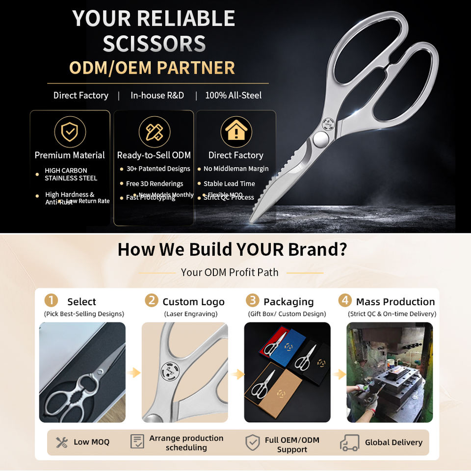 Heavy Duty Stainless Steel Kitchen Scissors 3-Inch Chicken Bone Cutting Bottle Opener Walnut Handle 4mm Thick