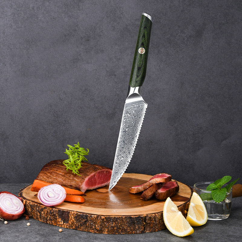 RT02R VG10 Damascus Steel Steak Knife Set – 6 Pcs Green Pakka Wood Handle