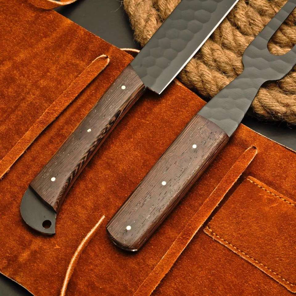 Handmade Powder Coated Steak Carving Knife & Fork Set | Wood Handle | OEM