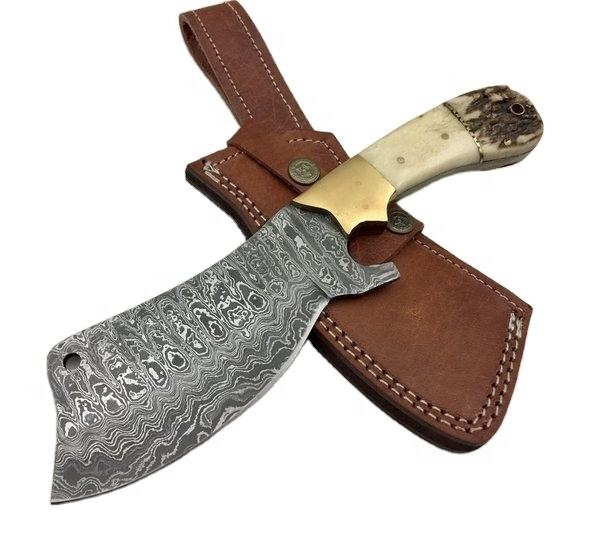 Damascus Steel Kitchen Cleaver Knife Set with Deer Antler & Camel Bone Handle
