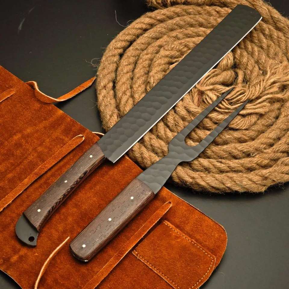 Handmade Powder Coated Steak Carving Knife & Fork Set | Wood Handle | OEM