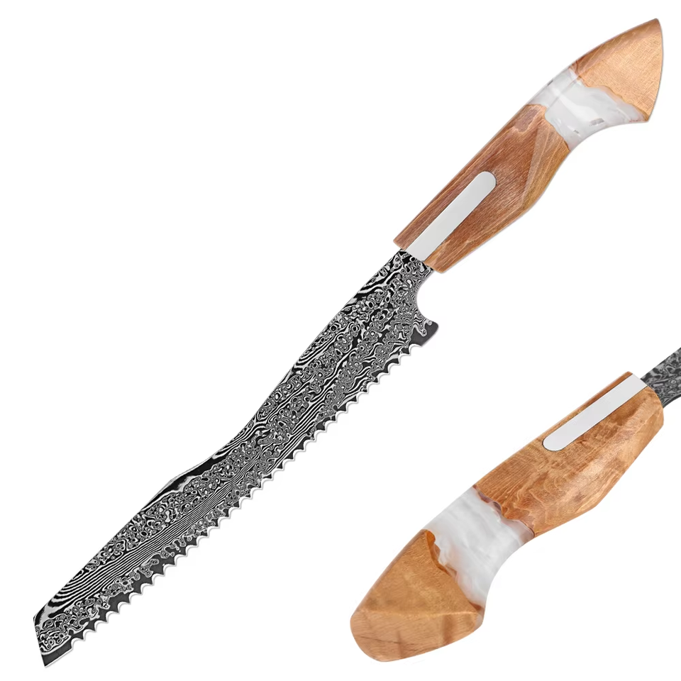 67-Layer Damascus Steel 8-Inch Serrated Bread Knife | Resin & Wood Handle