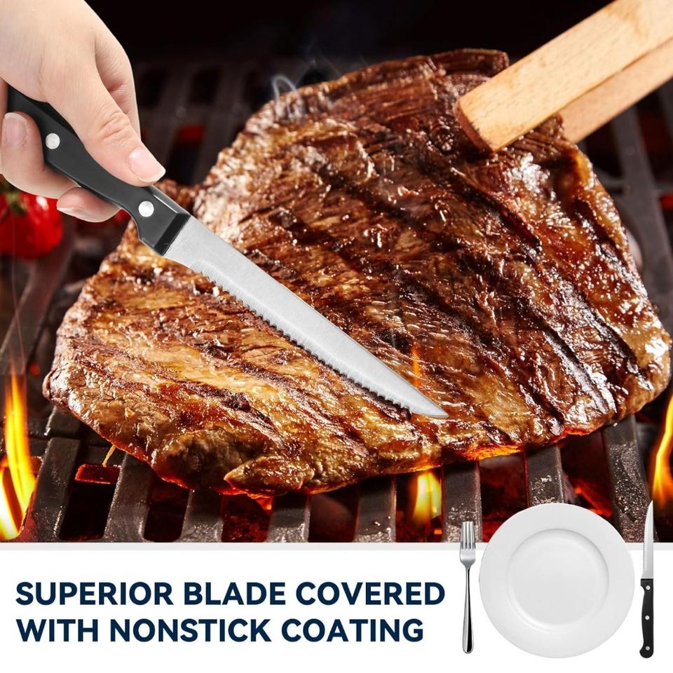 Serrated Steak Knife Set with Non-Stick Coating & Plastic Handle for Restaurants & Hotels